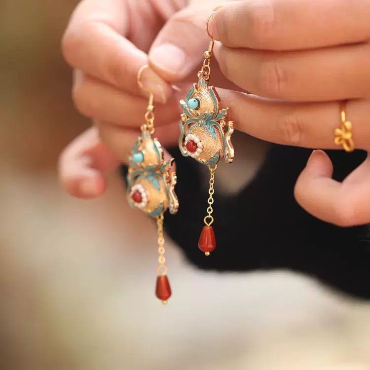 Vintage Chinese Gourd Earrings Red Agate Qipao Wedding Tassel Drops