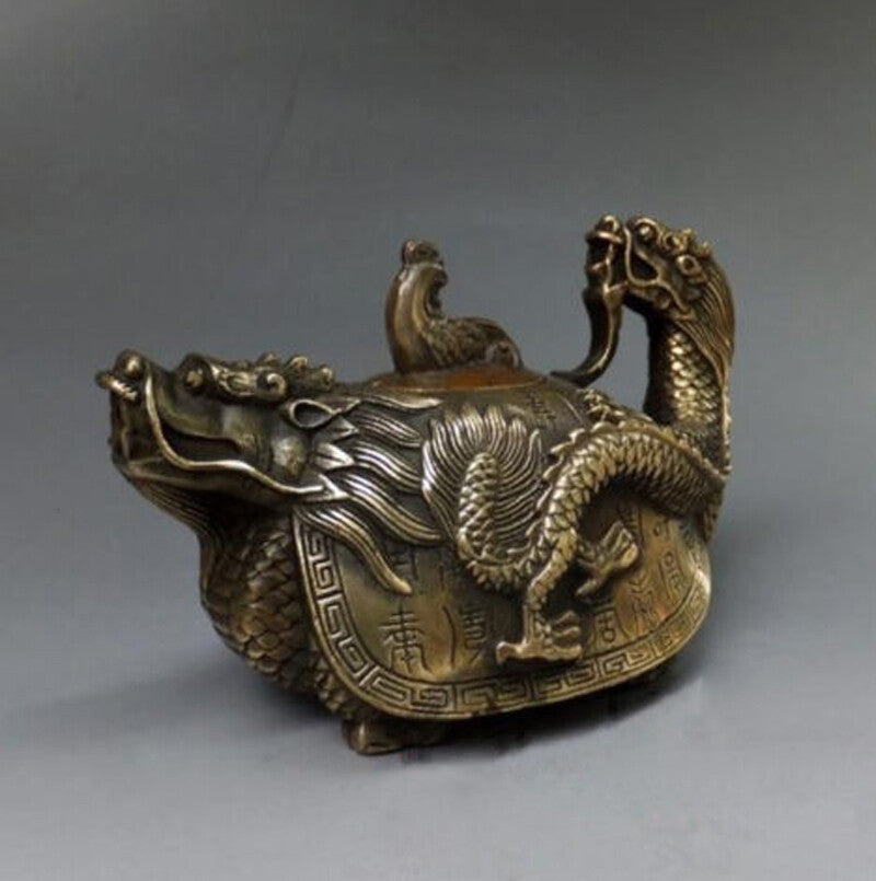 Rare Oriental copper Signed carved Dragon Teapot Statues