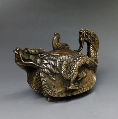Rare Oriental copper Signed carved Dragon Teapot Statues