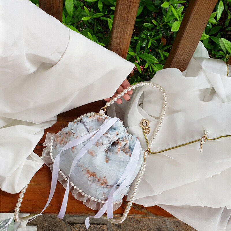 Chinese Hanfu Pearl Purse Tote Bag Ruffle Lace Embroidery Wallet Handbag Gift