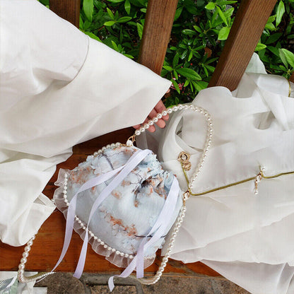 Chinese Hanfu Pearl Purse Tote Bag Ruffle Lace Embroidery Wallet Handbag Gift