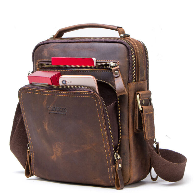 Men's Crazy Horse Cow Leather Vintage 8inch Messenger/Shoulder Bag Crossbody Bag