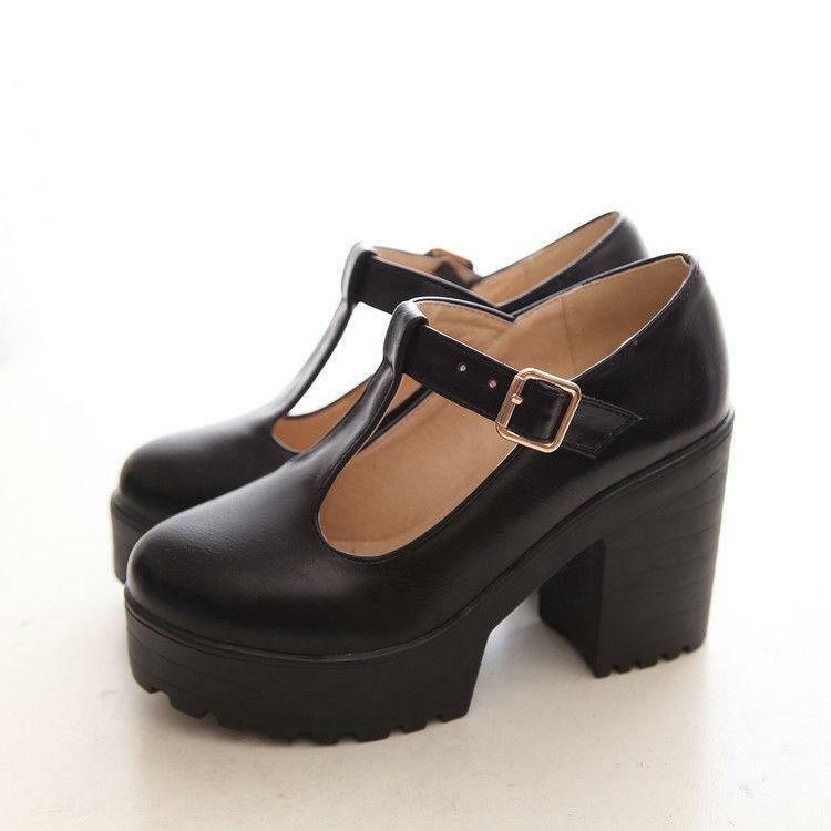 Women's Chic Chunky Heels High Platform Mary Jane Ankle T-Strap Punk Shoes Solid