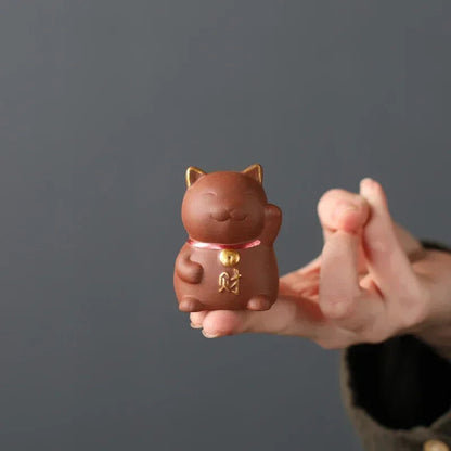 Chinese Purple Clay Tea Pet Decor Lucky Cat Tea Figurine Ornaments Tea Set Decor