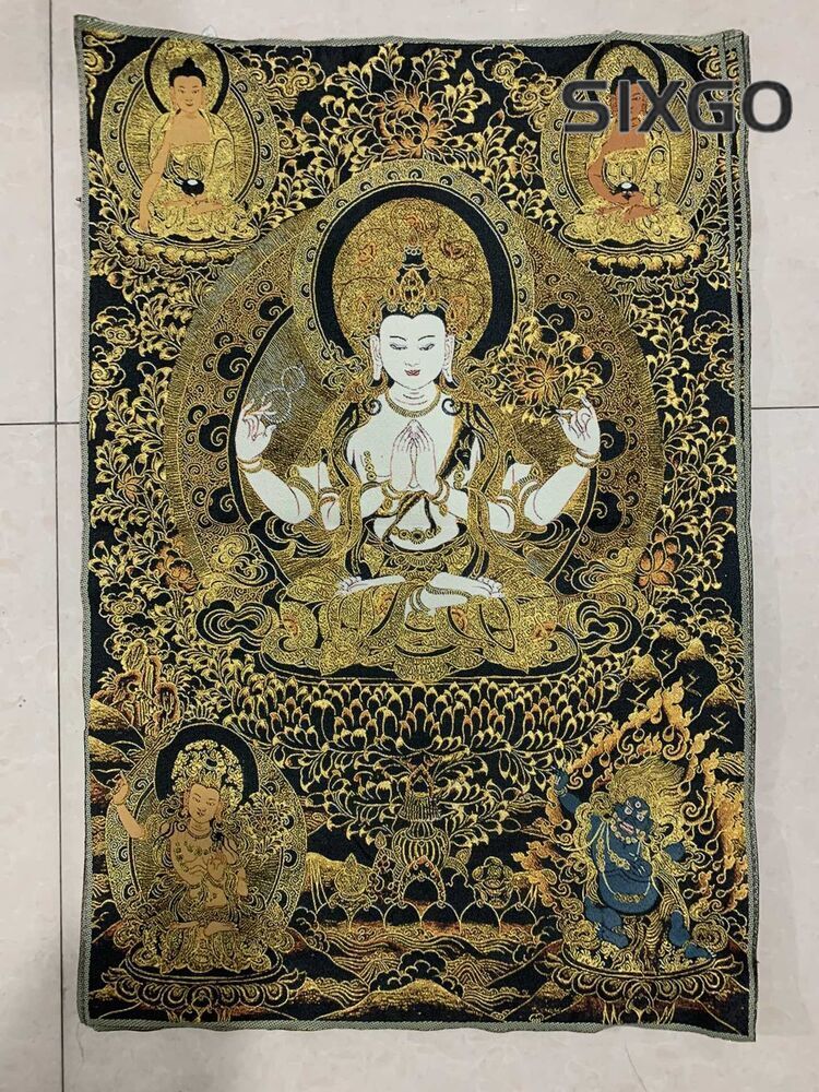 36" Tibet Tibetan Cloth Silk Buddhism 4 Arms Guanyin Buddha Tangka Thangka Mural