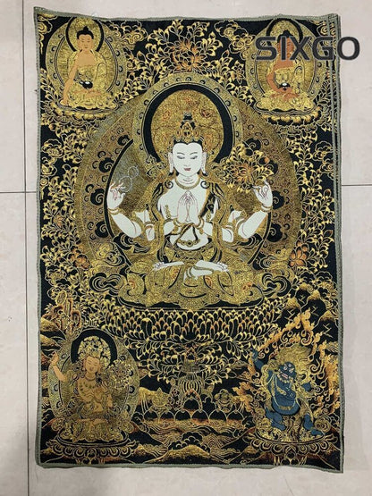 36" Tibet Tibetan Cloth Silk Buddhism 4 Arms Guanyin Buddha Tangka Thangka Mural
