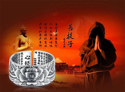 Sterling Silver Jewelry Open Ring, Vintage Amulet Sutra Adjustable -