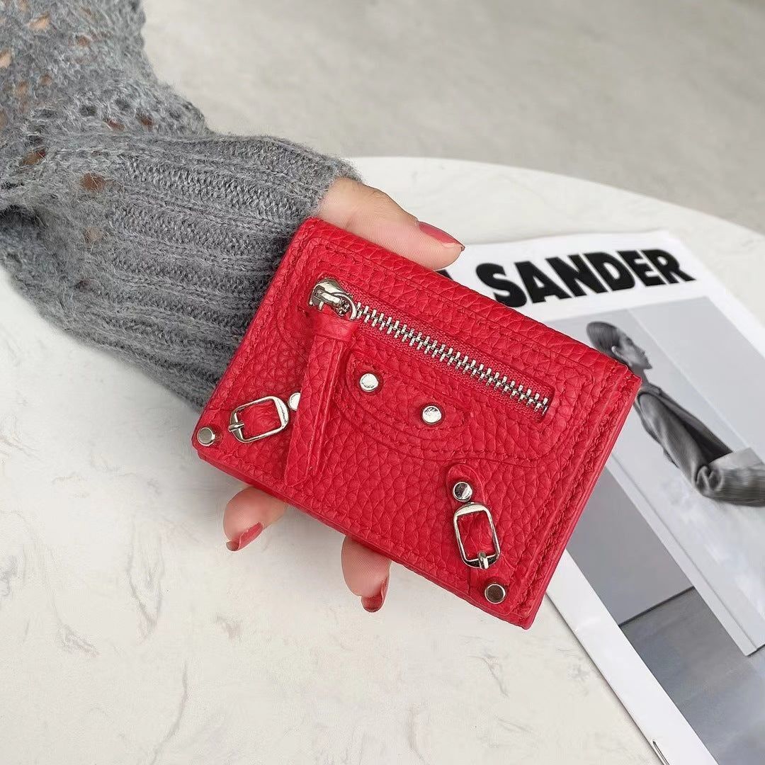 Short Wallets Genuine Leather Trifold Purse Cool Rivet Decorations 9.5*6.5*2.5CM