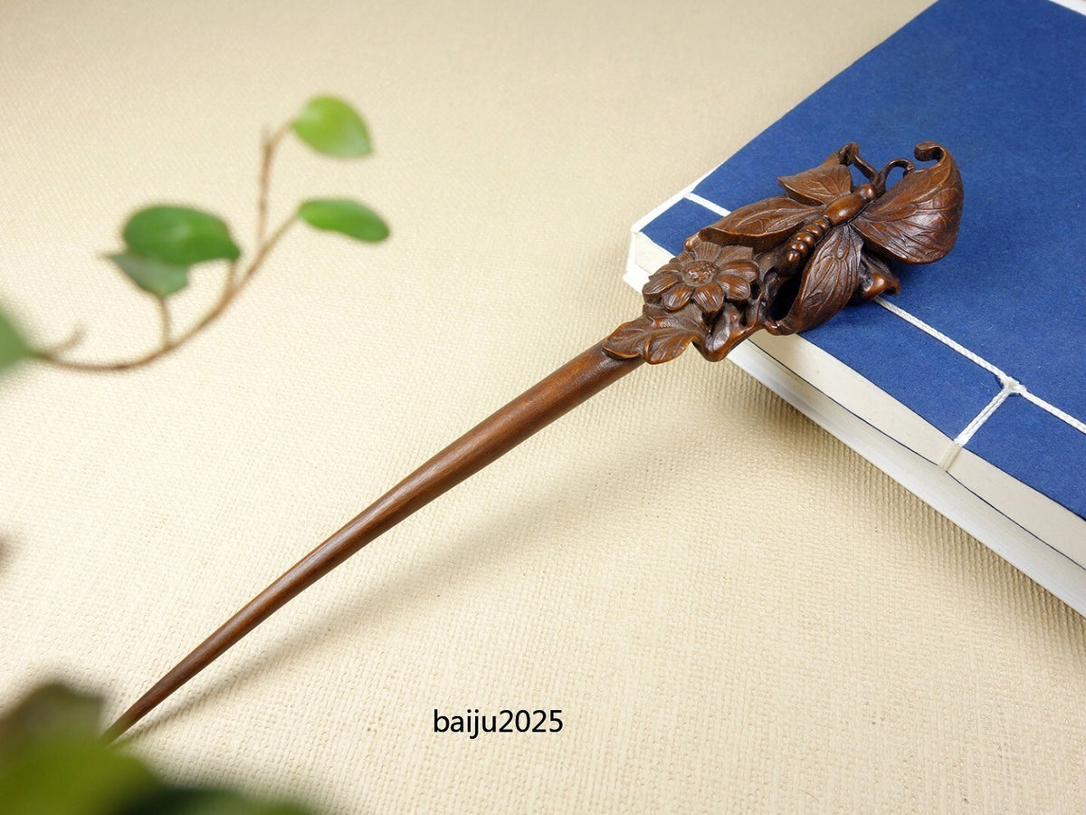 Chinese Antique Boxwood Wooden Carved Butterfly Statue Hairpin Hair Accessories