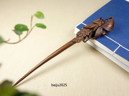 Chinese Antique Boxwood Wooden Carved Butterfly Statue Hairpin Hair Accessories