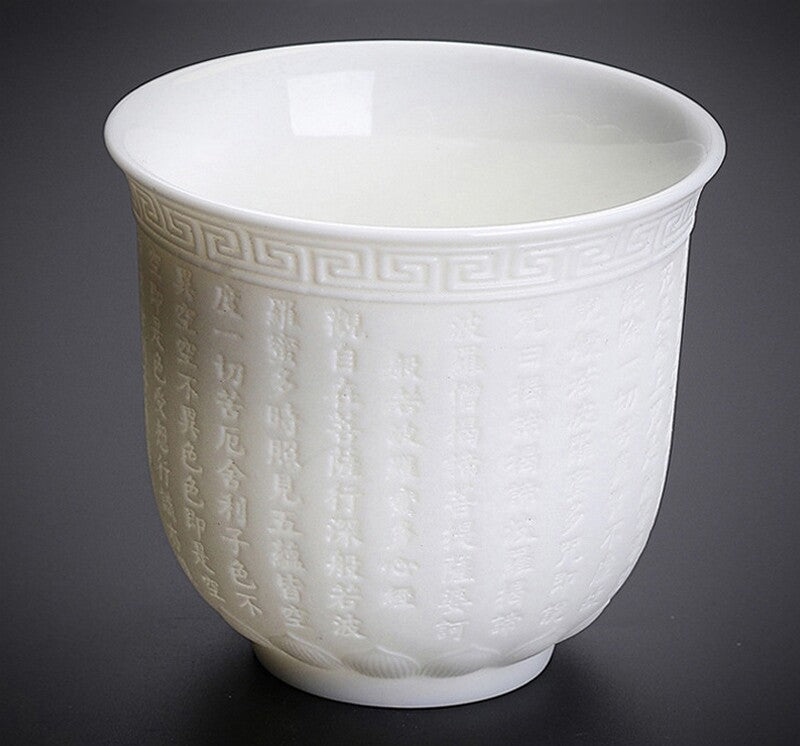 Tea Cups Ceramic Carved Heart Sutra Tea Cup Buddhist Drinking Teacup Dehua Cups