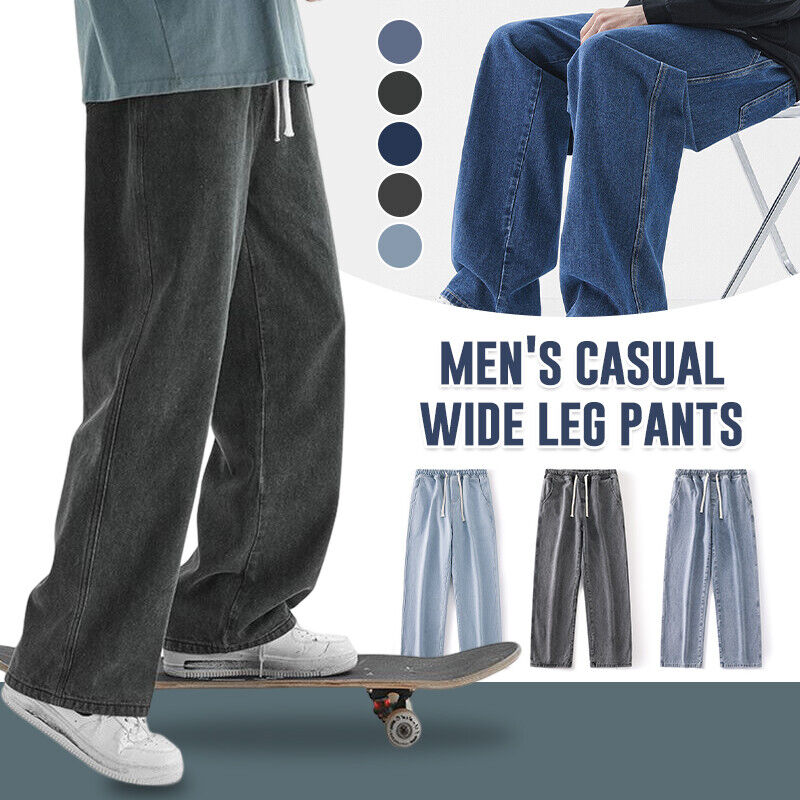 Mens Loose Wide Leg Denim Pants Drawstring Jeans Elastic Waist Baggy Trousers