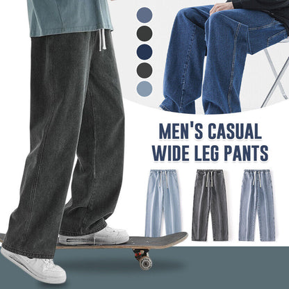 Mens Loose Wide Leg Denim Pants Drawstring Jeans Elastic Waist Baggy Trousers