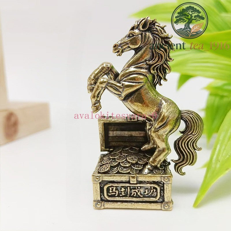 5.3cm Brass Handcarved Zodiac Horse Statue Tea Pet Feng Shui Wealth Ornament