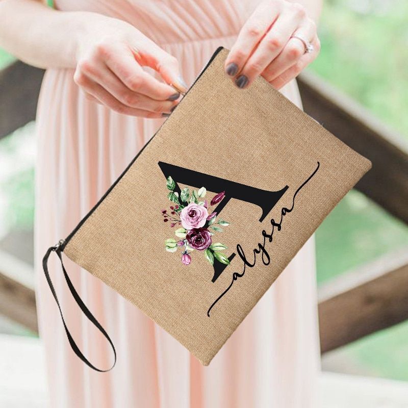 Flower Initial Cosmetic Bag Women Makeup Bag Linen Zipper Pouch Travel Organizer
