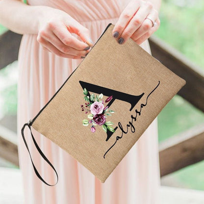 Flower Initial Cosmetic Bag Women Makeup Bag Linen Zipper Pouch Travel Organizer