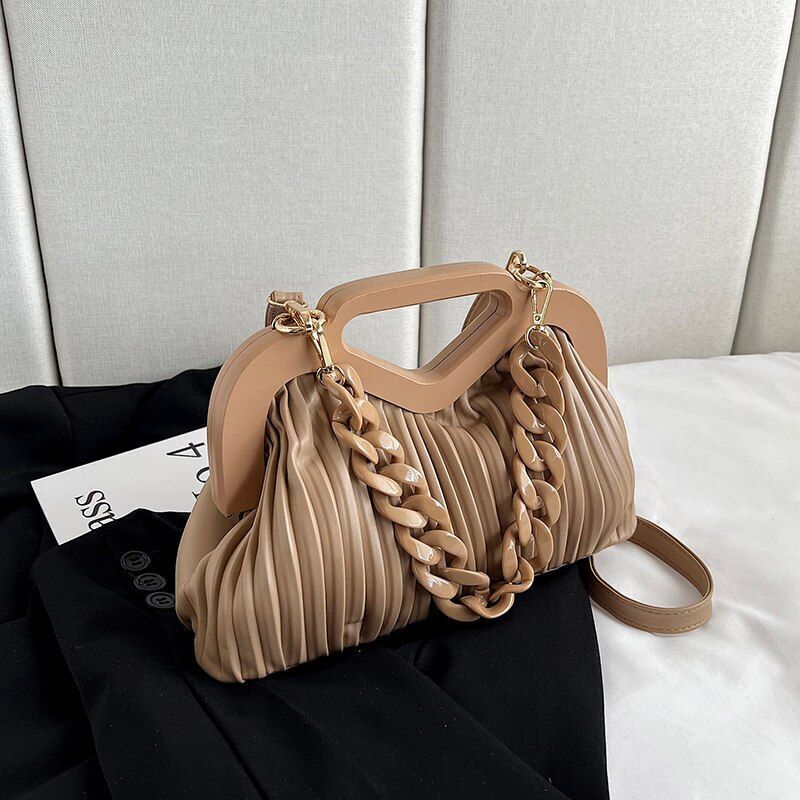 Handbag Thick Chain Handle Pleated Shoulder Bag Women Clutch Purses Crossbody