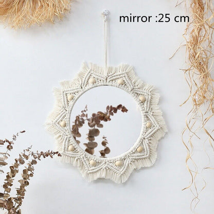 Wall Mirrors Macrame Boho Handmade Round Aesthetic Home Decor Glass Cotton 25cm