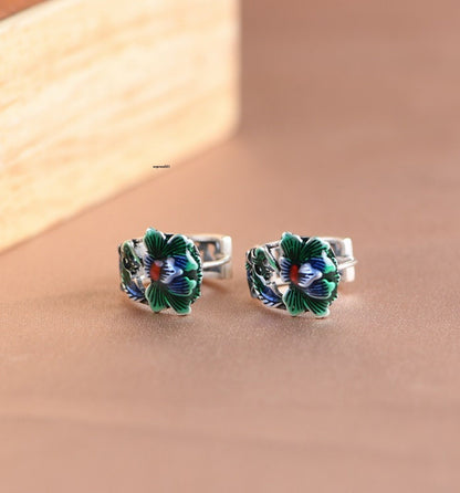 Real Solid 925 Sterling Silver Hoop Women Hollow Enamel Lotus Flower Earrings