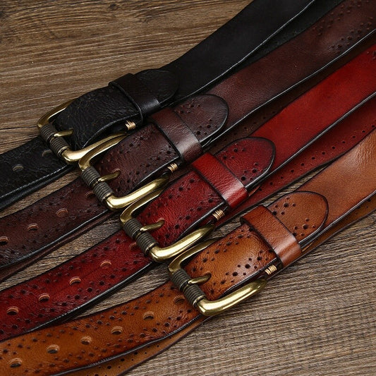 Men's Vintage Hollow Leather Belt Solid Brass Buckle Waistbands for Pants Brown