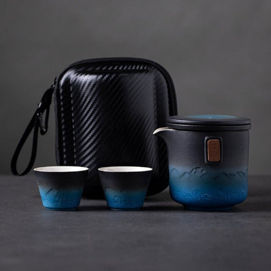Black and Blue Ceramic Teapot with 2 Cups Portable Travel Tea Set