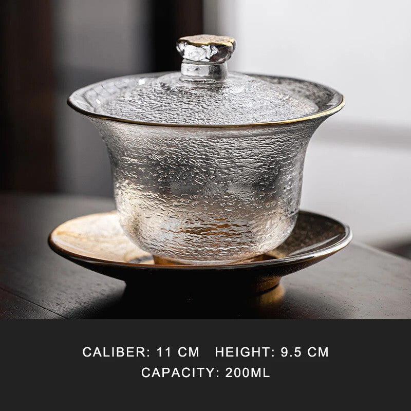200ml Crystal Glass Gaiwan Hammered Gold Tea Bowl Heat Resistant Kung Fu Tea Set