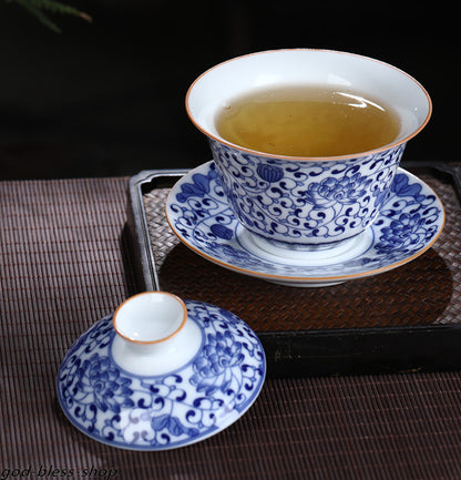 Jingdezhen Blue-and-white Porcelain Gaiwan Chinese Ceramic Tureen With Saucer