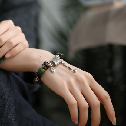 Green Jujube Agate Aventurine Agarwood Silver Axe Bracelet Retro