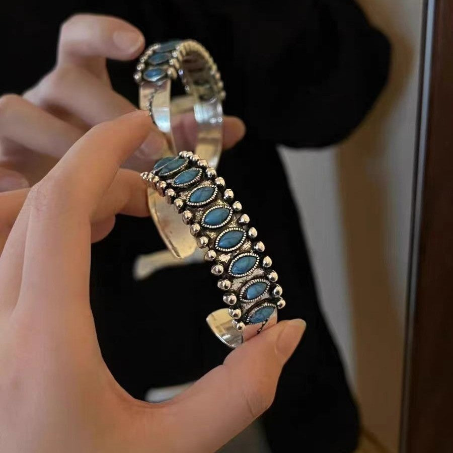 Miao Ethnic Silver Cuff Bracelet Faux Turquoise Boho Vintage Carved Open Bangle
