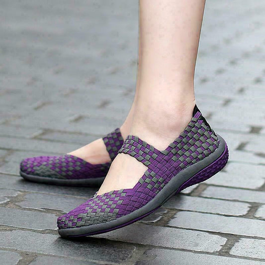 Women Slip On Walking Shoes Woven Elastic Mary Jane Flat Lightweight Fashion