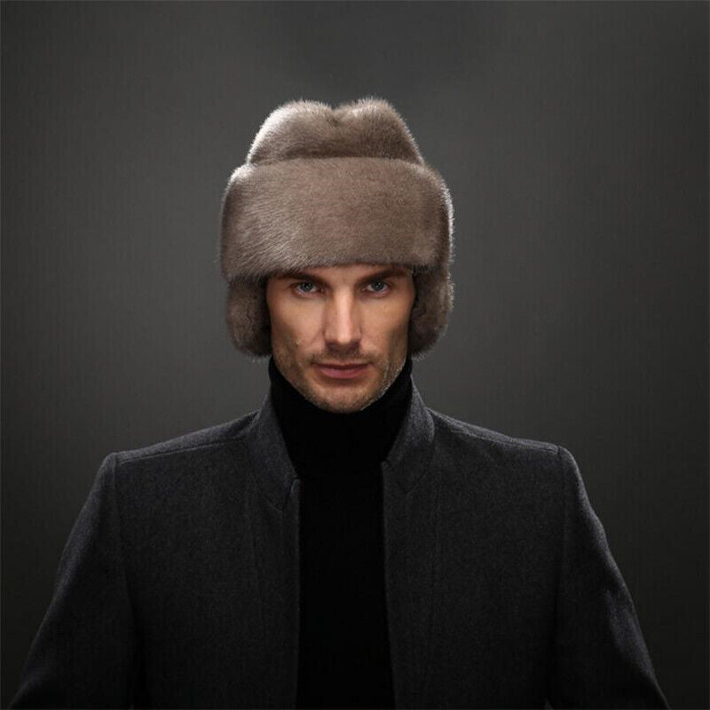 Winter French Style Mens Full-pelt Mink Hats Outdoor Solid Earflaps Hats
