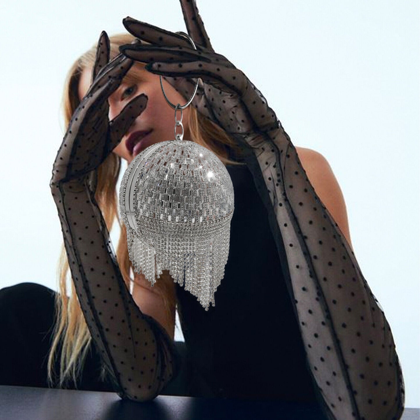 Women Fashion Round Crystal Ball Tassel Ladies Party Festive Wedding Clutch Bag