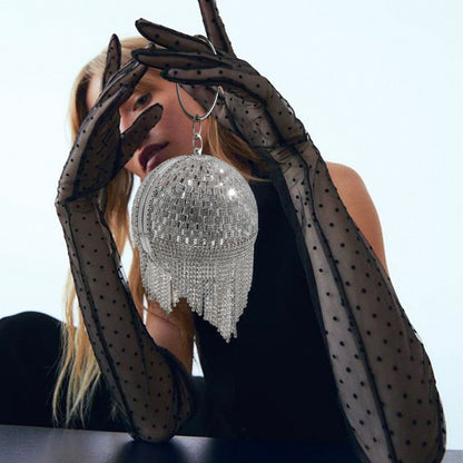 Women Fashion Round Crystal Ball Tassel Ladies Party Festive Wedding Clutch Bag