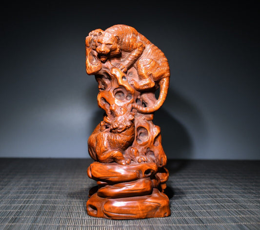 Collection China Boxwood Carving Tiger Statues Sculptures Wood Figurines Artwork