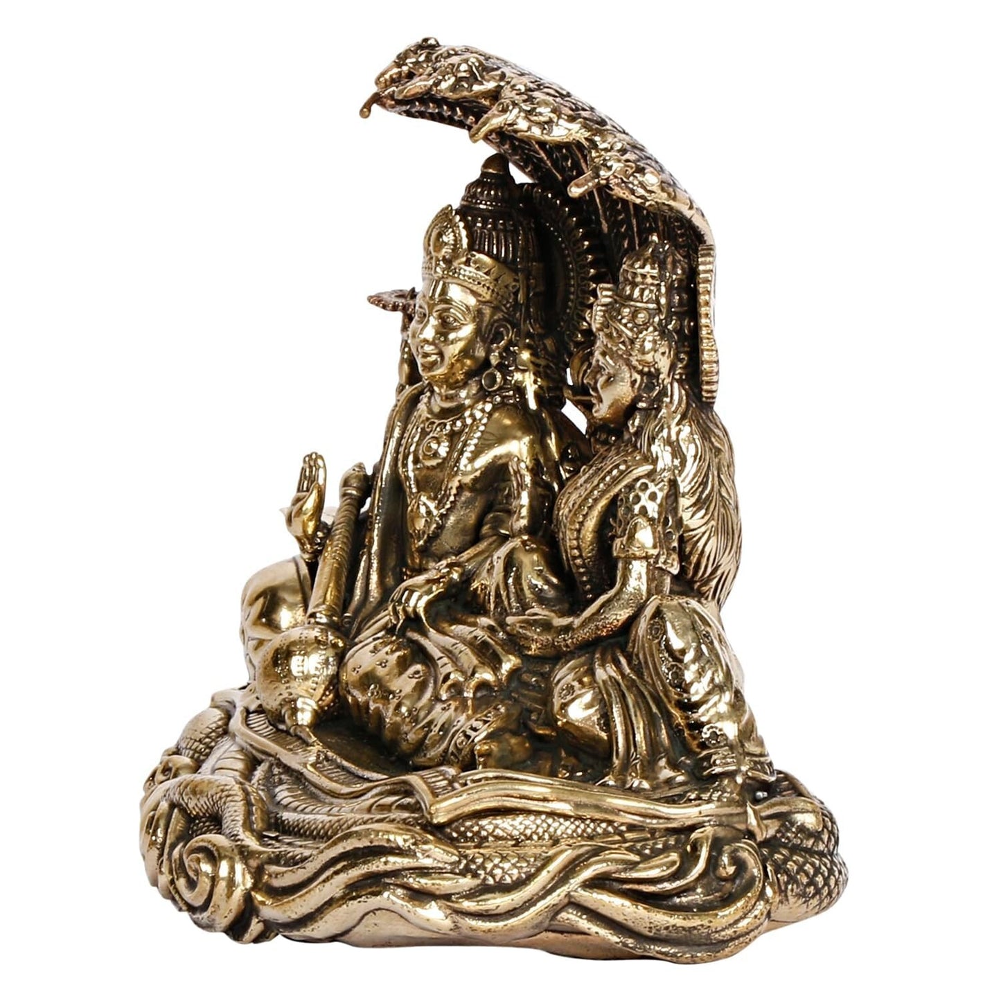 Hindu God Brass Lord Lakshmi Vishnu Idol Seated on Sheshnag Idol Figurine