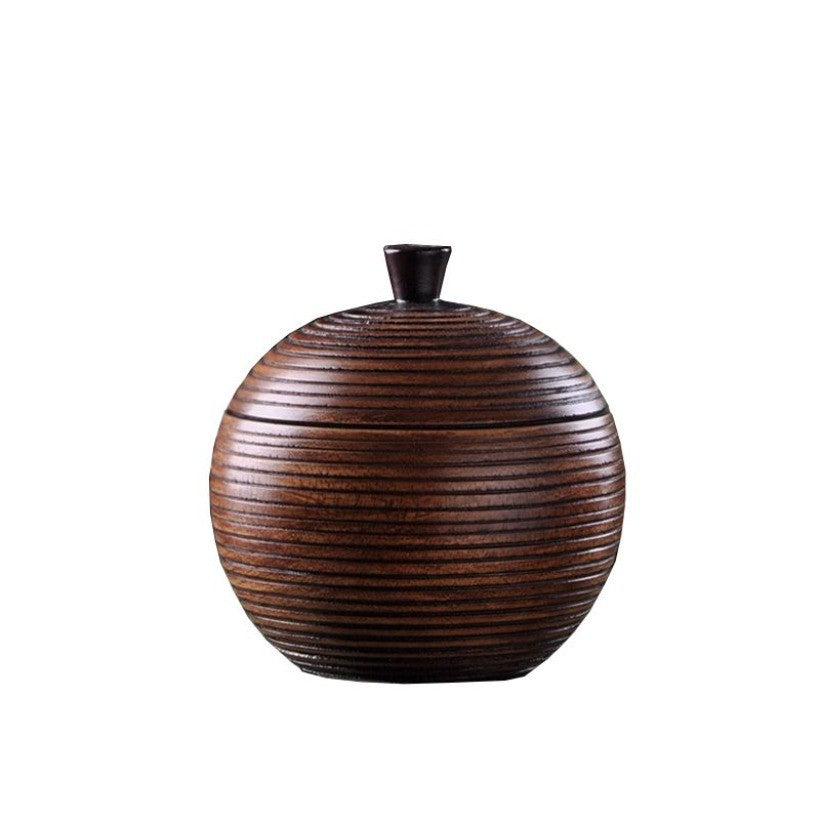 Solid Wood Carved Storage Jar 15cm Vintage Tea Nut Go Game Box with Lid