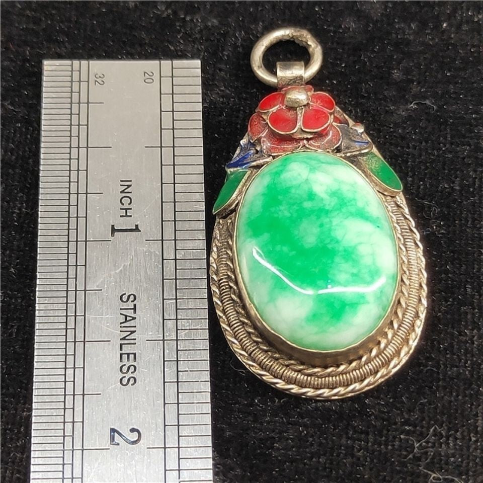 Enamel Alloy Inlaid Jade Stone Pendant Retro Flower Jewelry Decor