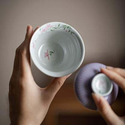 Hand Painted Flowers Gaiwan for Tea Ceramic Stripe Tureen Teaware Set Purple