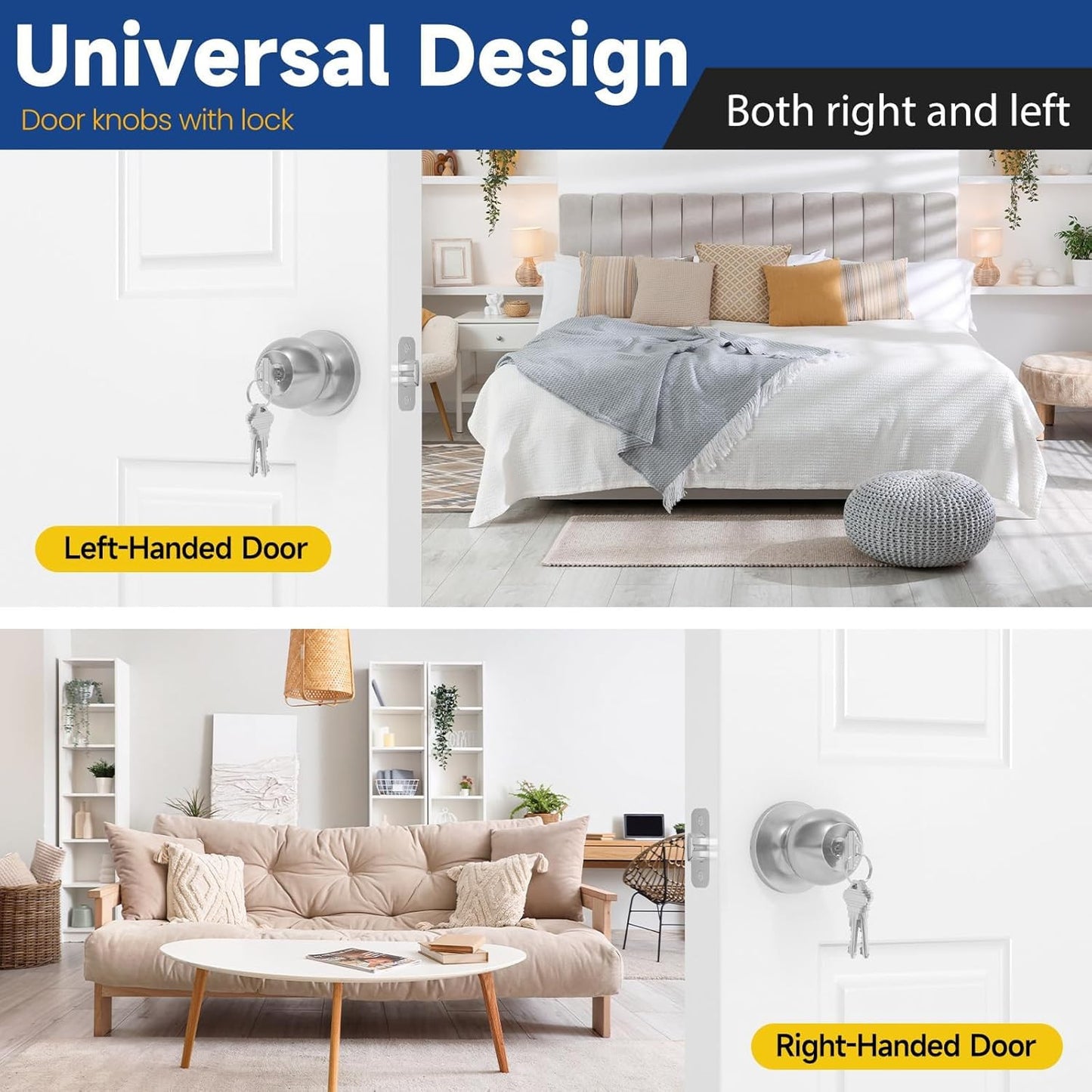 Keyed Entry Door Knob with Lock and Key, Exterior and Interior Door Knob for Bed