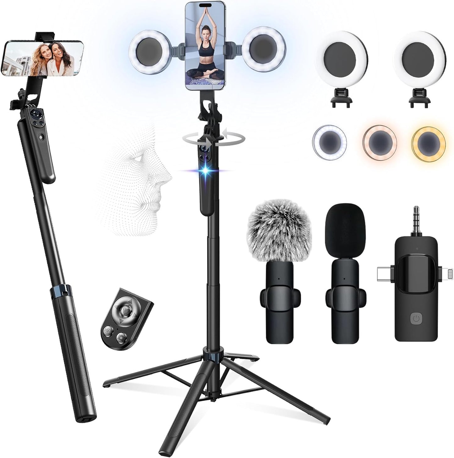 Vlogging Kit for Iphone/Android, 63”Auto Face Tracking Tripod for Iphone with Li