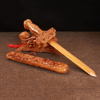 Chinese Traditions Feng Shui Peach Wood Sword Plus Base Blessing Exorcise Evil