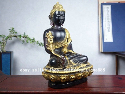 5" Old Purple Colored Glaze Gilt Menla Medicine Shakyamuni Buddha Lotus Statue