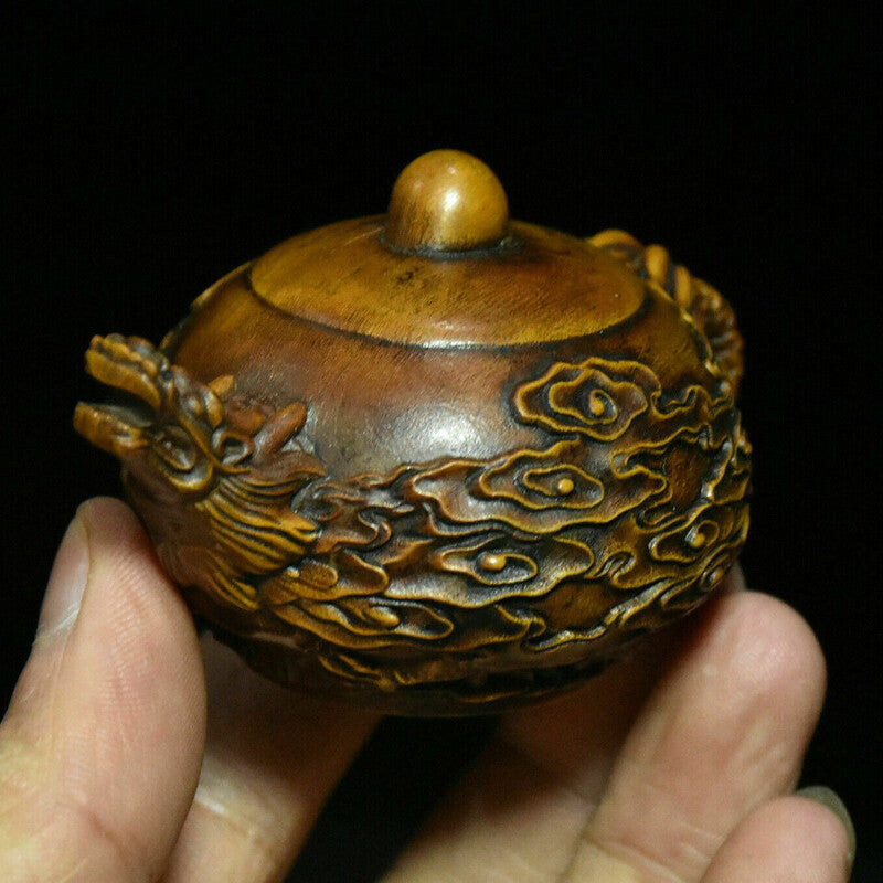 Antique Chinese Boxwood Caved Dragon Cloud Wine design Tea Pot Flagon Statue