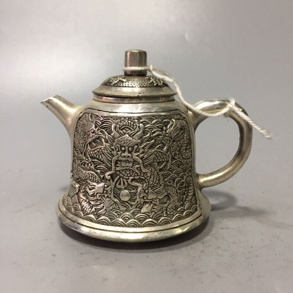 Asian Chinese Old Tibet Silver Hand-carved Dragon Teapot