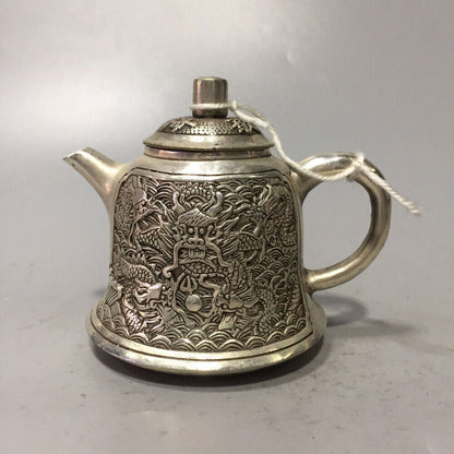 Asian Chinese Old Tibet Silver Hand-carved Dragon Teapot