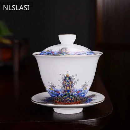 1PC Jingdezhen Gaiwan Enamel Color Tea Bowl Hand painted flower bird Teaset