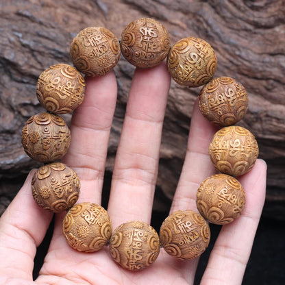 20mm Chinese Retro Natural Sandalwood Handmade Carving Beaded Bracelet