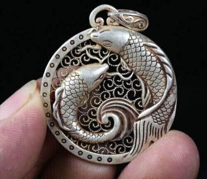 4CM Rare Old China Miao Silver Feng Shui Double Fish Pendant Amulet Necklace