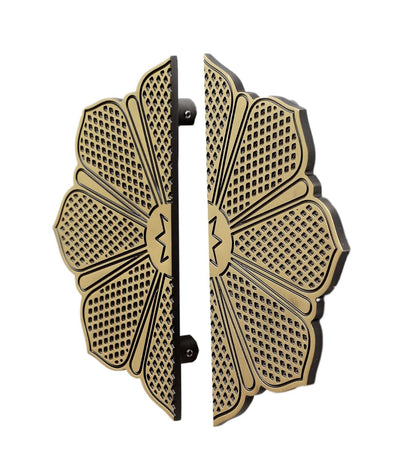 Set of 2 Antique Look Ethnic Flower Carving Design Brass Door Handle Pair