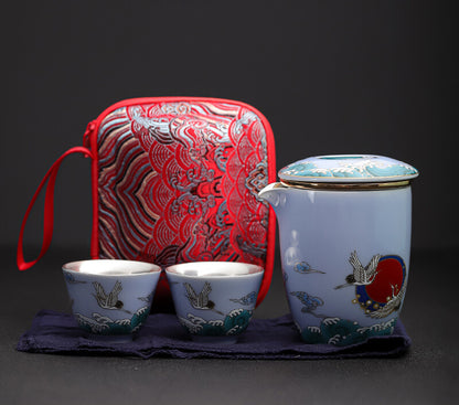 Boutique Tea Set With Travel Bag 999 Sterling Silver Pot Filter Cup Crane Relief